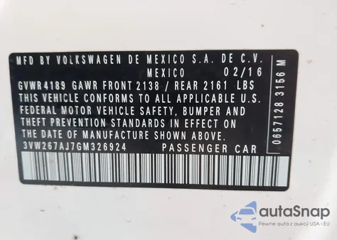 2016 Volkswagen Jetta 1.4T S z USA, uszkodzony, nr VIN 3VW267AJ7GM326924